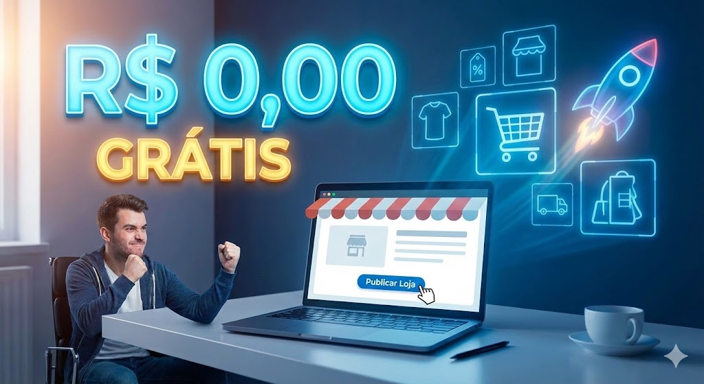 Empreendedor lançando sua loja virtual gratuitamente com custo zero, celebrando o início do negócio online