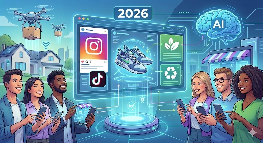 Ilustração futurista das tendências do e-commerce em 2026: Social Commerce, IA, Sustentabilidade e Logística por Drones