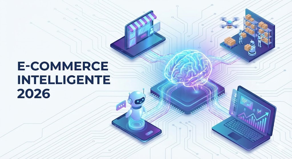 Ilustração futurista mostrando a Inteligência Artificial como o cérebro central conectando e otimizando todas as áreas de um e-commerce, desde o chatbot até a logística e a análise de dados.