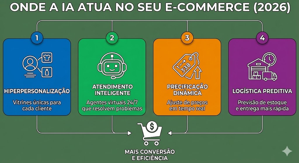 Infográfico detalhando as aplicações da Inteligência Artificial no E-commerce em 2026, divididas em quatro pilares: Experiência do Cliente, Operação & Logística, Marketing & SEO, e Vendas & Precificação.