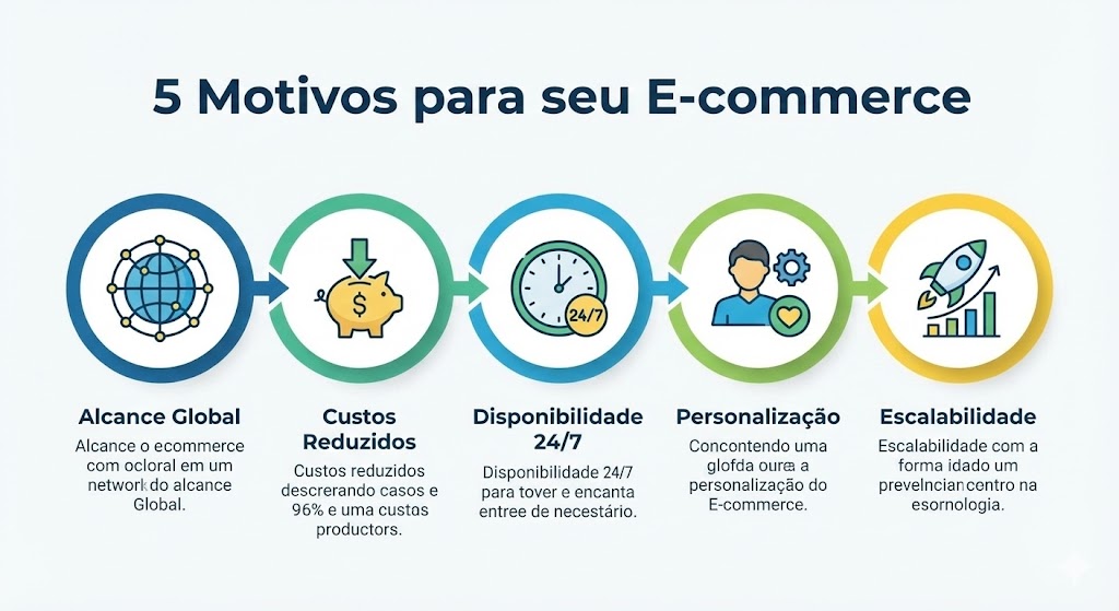 Infográfico 5 pilares do e-commerce: Alcance, Custo, Tempo, Dados, Escala