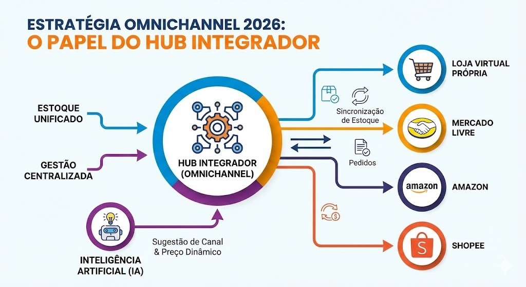 Infográfico explicando o funcionamento de um Hub Integrador Omnichannel com IA