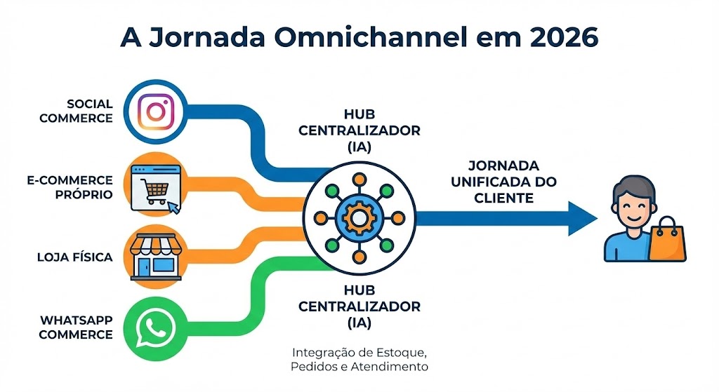 Infográfico ilustrando a Jornada Omnichannel em 2026, com múltiplos canais conectados a um Hub Centralizador com IA