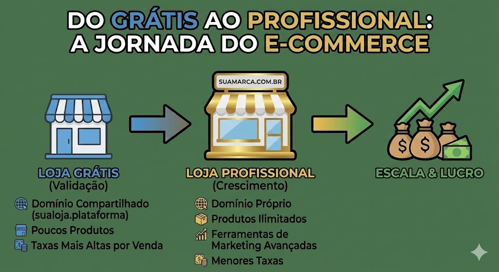Infográfico mostrando a jornada do e-commerce: da loja grátis para validação à loja profissional para escala e lucro