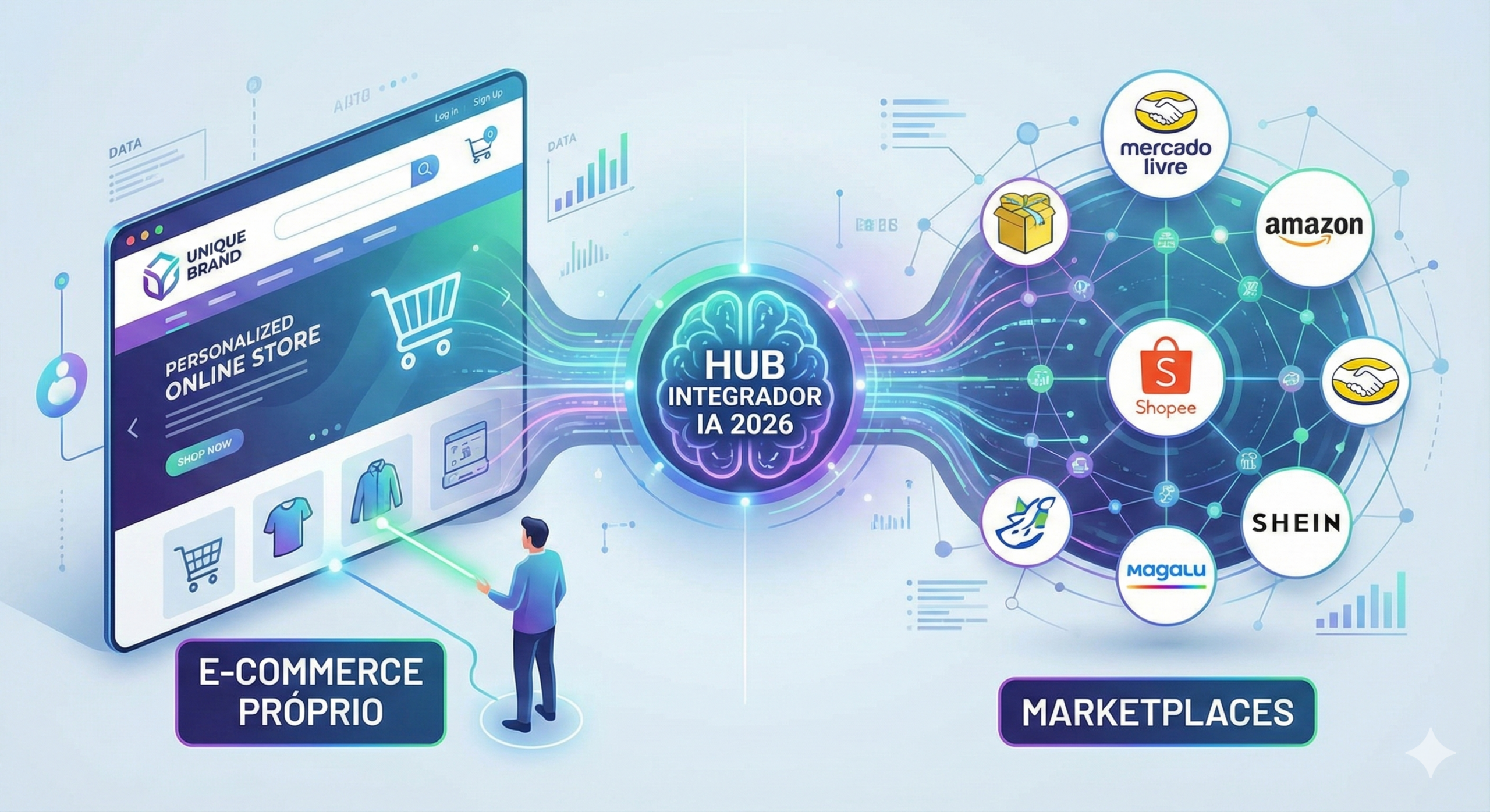 Ilustração futurista mostrando a integração de E-commerce Próprio e Marketplaces via Hub de IA em 2026